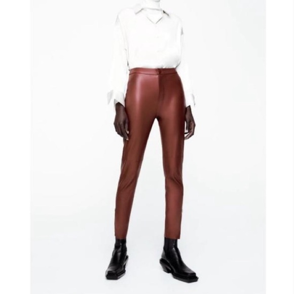 ZARA Hi Rise Faux Leather Pants Leggings Red Maroon - Picture 1 of 7